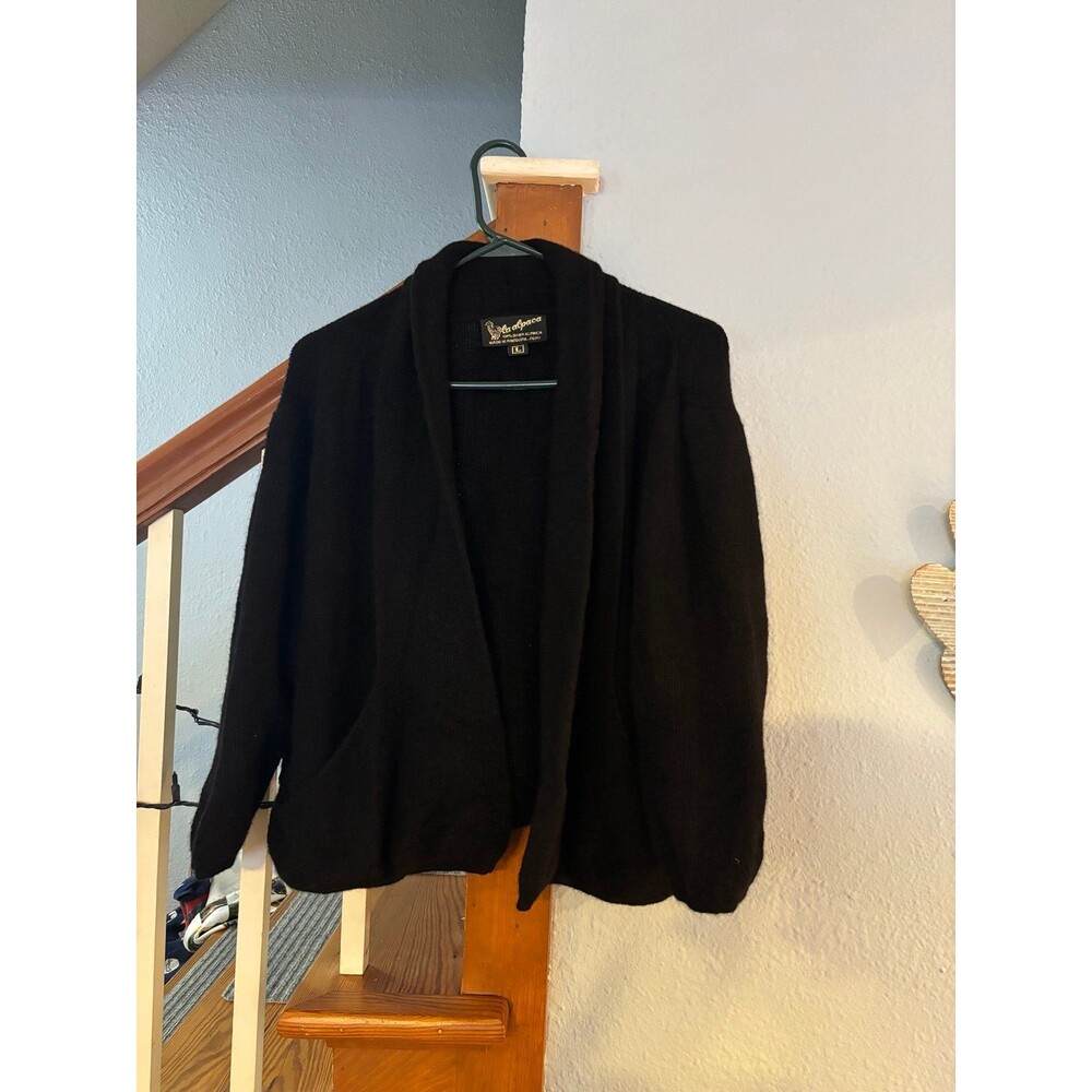 La alpaca black open cardigan 100% baby alpaca wool pockets boxy L XL Peru